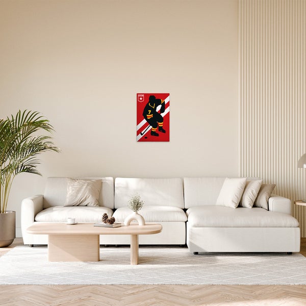 Illustration eines Eishockeyspielers als Wandbild im Wohnzimmer.