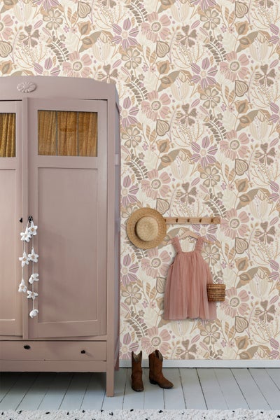 ESTAhome Tapete Blumenmuster Beige und Violett - 0.53 x 10.05 m - 139675