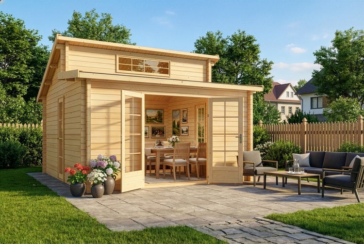 Helles Gartenhaus aus Holz mit großer Fensterfront und Terrasse. Innen ein Essbereich, außen eine Loungegruppe und Blumenkübel auf Steinplatten.