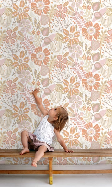 ESTAhome Tapete Blumenmuster Violettrosa, Terrakotta und Beige - 50 x 900 cm - 139674