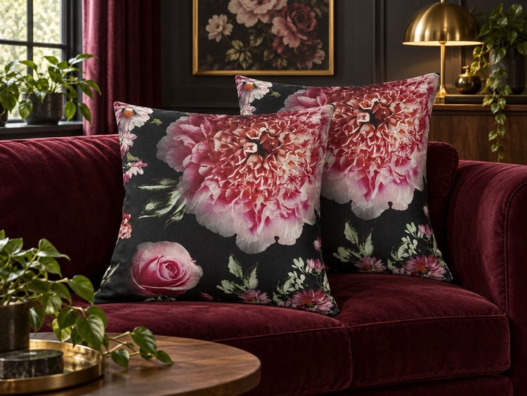 Zwei quadratische Dekokissen mit Blumenmotiv auf einem Sofa im Wohnzimmer
