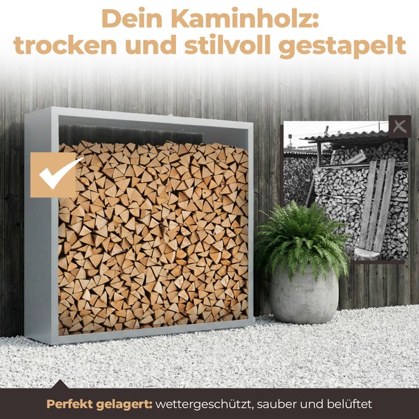 Modernes Kaminholzregal aus Metall mit ordentlich gestapeltem Brennholz im Vergleich zu einem unordentlichen Holzstapel.
