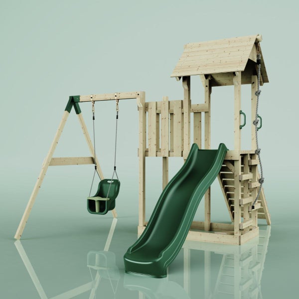 Spielplatz mit Schaukel, Rutsche und Spielturm aus Holz