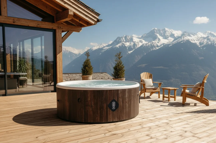 Runder Whirlpool mit dunkler Holzverkleidung auf einer großzügigen Holzterrasse eines Chalets mit Panoramablick auf schneebedeckte Berge.