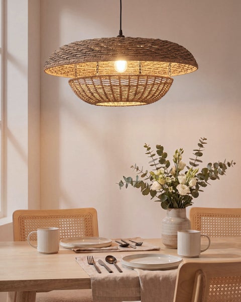 Heller, organisierter Essbereich mit gestufter Rattan-Pendelleuchte, Holztisch, Stühlen mit Wiener Geflecht, Keramikgeschirr und Blumenvase.