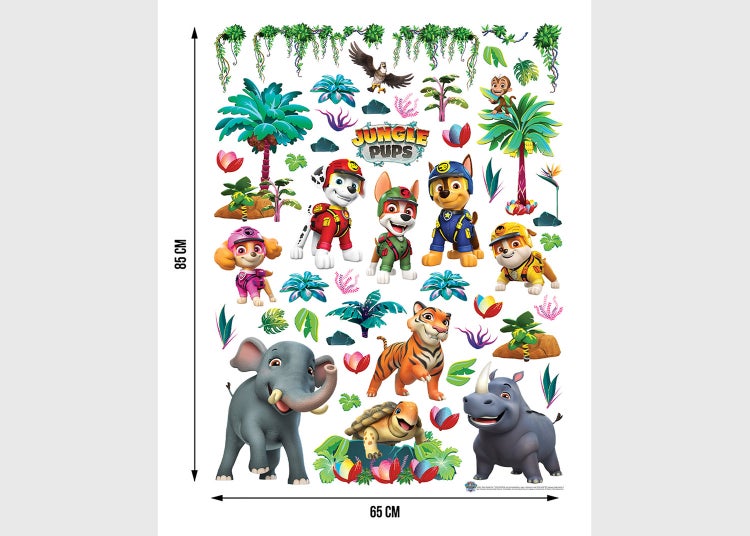 Wandtattoo-Set Paw Patrol Jungle Pups mit verschiedenen Hunde-Charakteren, Dschungeltieren und Pflanzen, Maße 85 mal 65 Zentimeter.