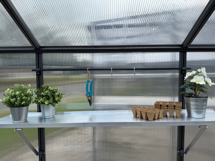 Aluminium-Regalbord in einem Gewächshaus mit Hohlkammerplatten, bestückt mit Pflanzen in Zinktöpfen, Anzuchttöpfen und hängender Gartenschere.