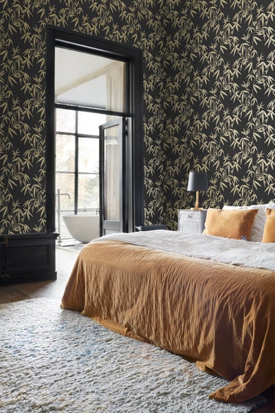Origin Wallcoverings Tapete Bambusblätter Schwarz und Gold - 53 cm x 10.05 m - 347740