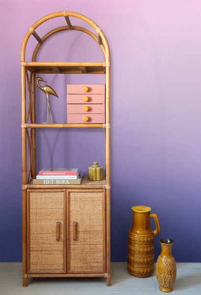 Regal aus Rattan mit zwei Türen, Ablagen und dekorativen Objekten