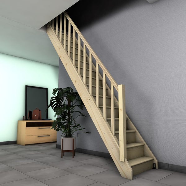 Holztreppe mit Geländer in einem hellen Raum