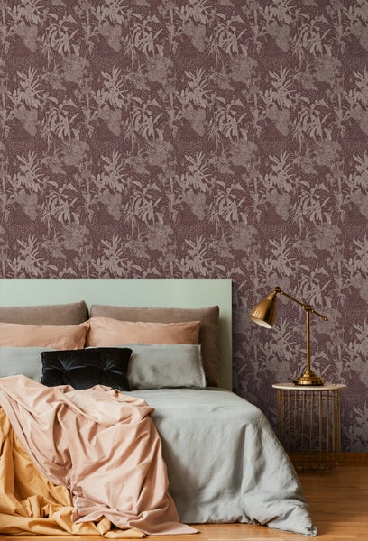 ESTAhome Tapete tropische Blätter Aubergineviolett - 50 x 900 cm - 139891