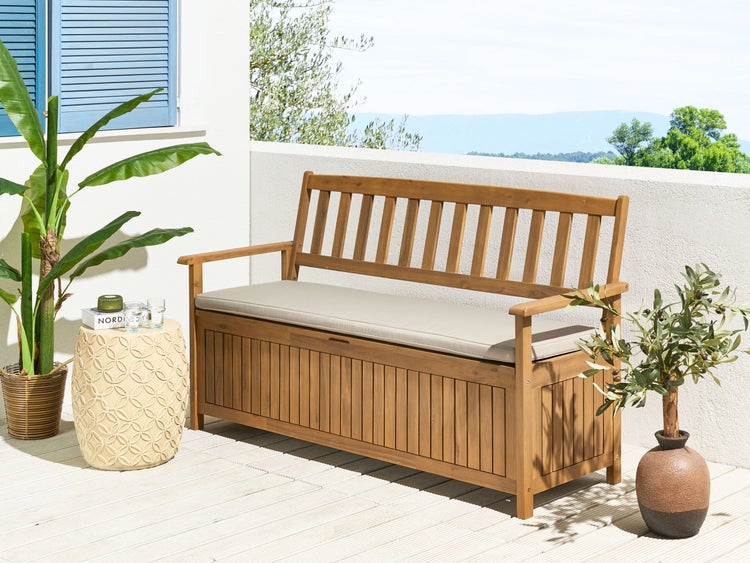 Gartenbank mit Auflage SOVANA 160 cm mit Stauraum Akazienholz Taupe
