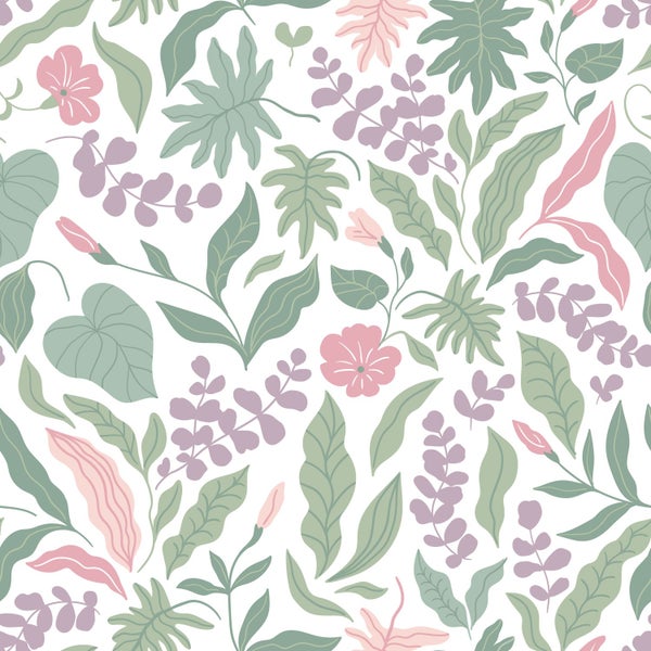 ESTAhome Tapete Blätter und Blumen Lila, Rosa und Grün - 50 x 900 cm - 131049