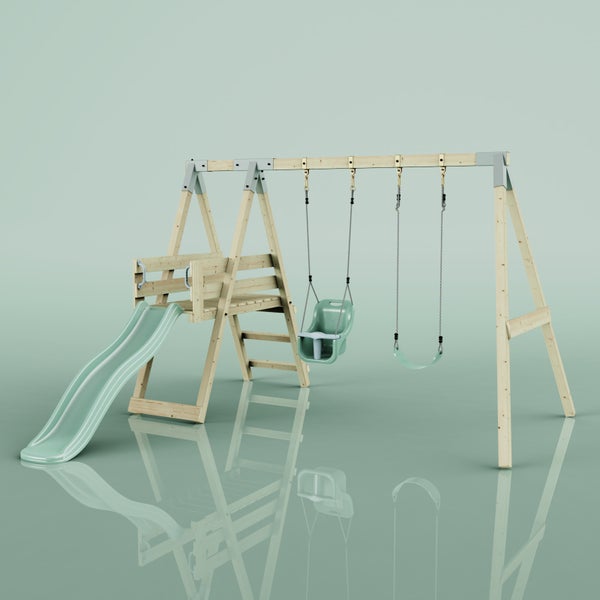 Spielturm aus Holz mit Rutsche, Kletterrampe, Knotenseil und Schaukelsitz.