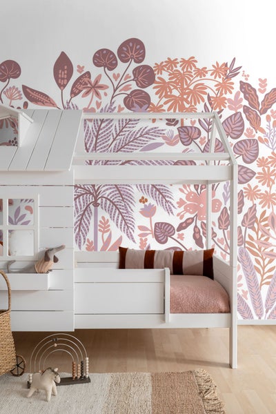 ESTAhome Fototapete tropische Blätter und Blüten Lila und Orange - 2.5 x 2.79 m - 159425