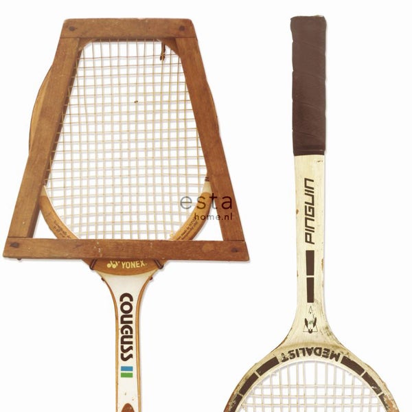 ESTAhome XXL-Vliestapete Vintage-Tennisschläger Weiß, Braun und Beige - 50 x 900 cm - 158801