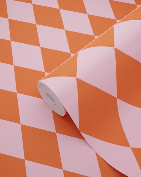 ESTAhome Tapete Karomuster Orange und Rosa - 50 x 900 cm - 131602
