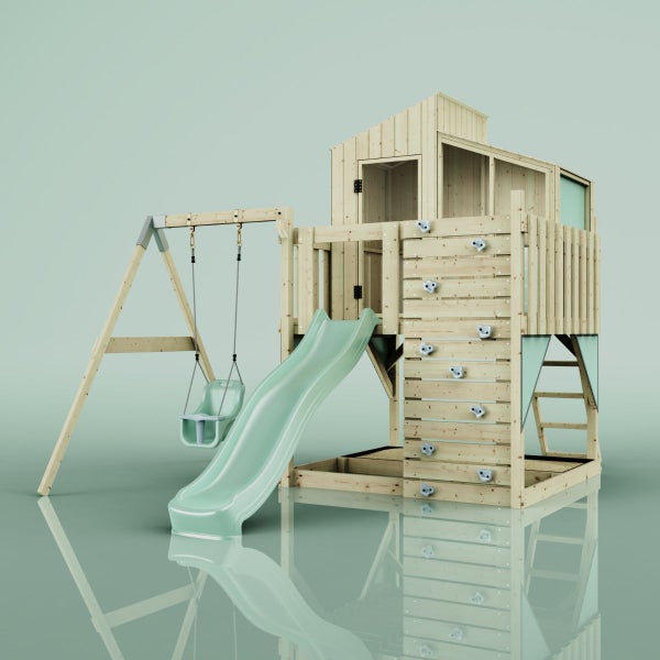 Spielturm aus Holz mit Rutsche, Schaukel und Kletterwand