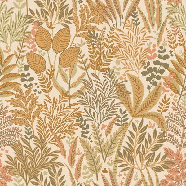 ESTAhome Tapete tropische Blätter und Blüten Terrakotta und Beige - 50 x 900 cm - 131662