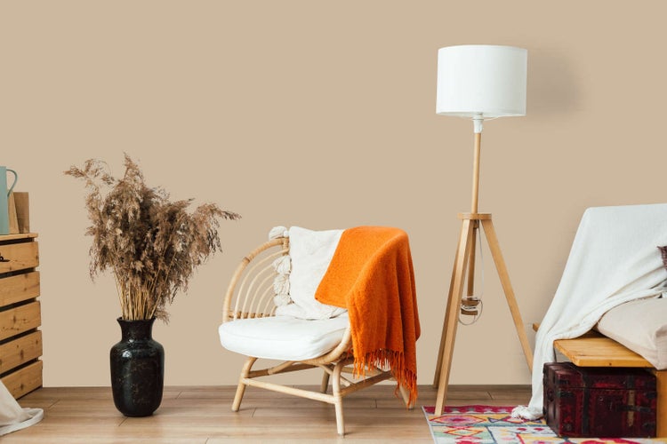 Hellbraun gestrichene Wand in einem Wohnzimmer mit Rattansessel, hölzerner Stehleuchte und Trockenblumen in einer schwarzen Vase.