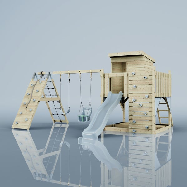 Spielturm aus Holz mit Spielhaus, Rutsche, zwei Schaukeln, Sandkasten und Klettergerüst mit Strickleiter für den Garten.