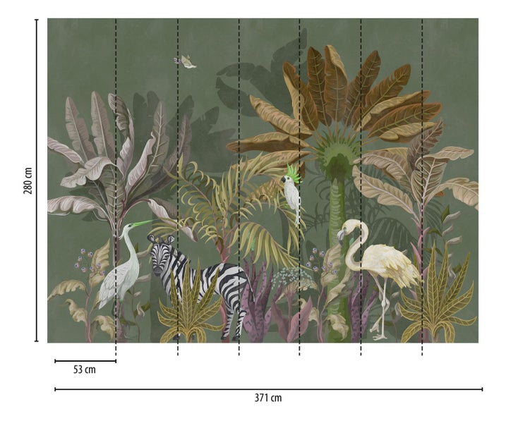 Fototapete mit Dschungelmotiv, inklusive Tieren und Pflanzen, Größe 371 cm x 280 cm