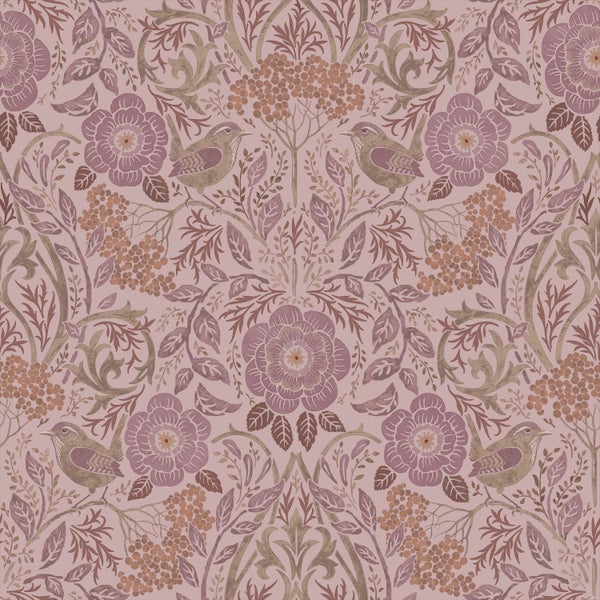 ESTAhome Tapete Blumen und Vögel Altrosa und Violett - 50 x 900 cm - 131209