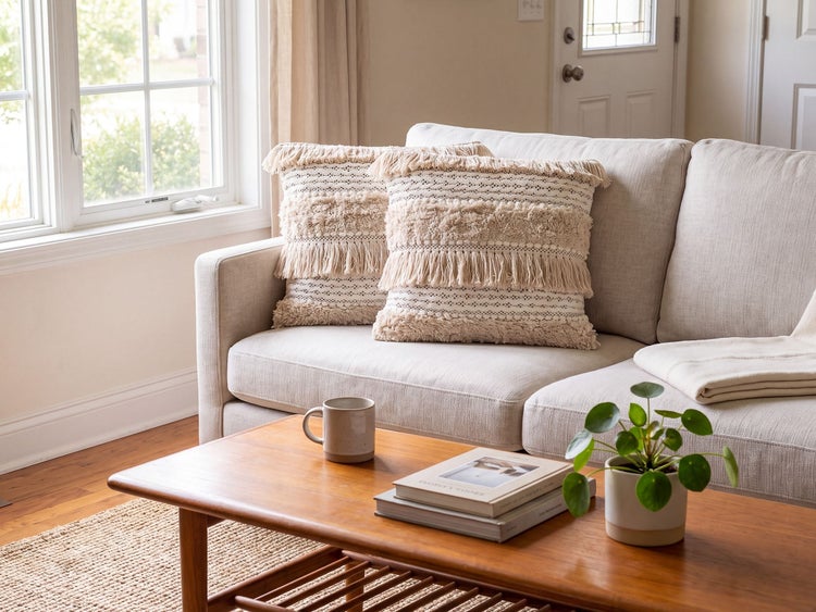 Wohnzimmer mit Sofa, zwei Kissen mit Fransen, Holztisch, Büchern, Tasse und Pflanze in einem hellen, einladenden Ambiente.
