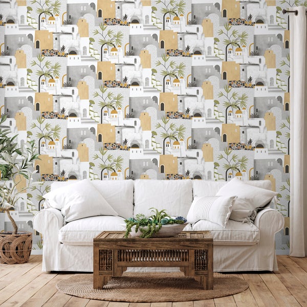 Sanders und Sanders Tapete Mediterrane Häuser Ockergelb, Grau und Weiß - 53 cm x 10 m - 640080