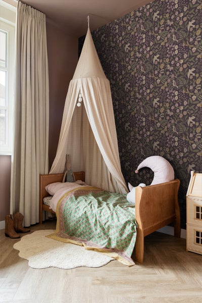 ESTAhome Tapete Blumen und Vögel Aubergineviolett, Olivgrün und Violett - 53 cm x 10.05 m - 139871