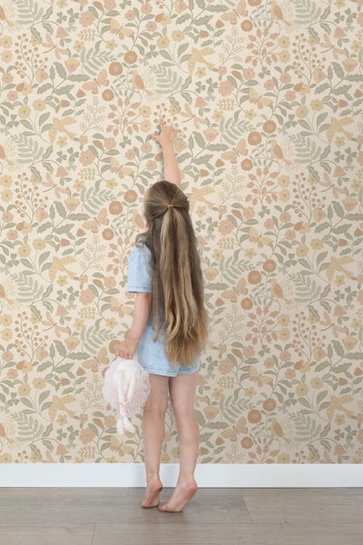 ESTAhome Tapete Blumen und Vögel Beige, Grün und Hellrosa - 53 cm x 10.05 m - 139867