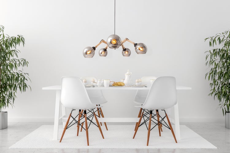 5er Glas-Pendelleuchte SOITO Hängelampe aus Metall, Glas und Gummibaumholz, mit E14-Fassung, für Esszimmer, Wohnzimmer, Diele oder Büro, 80 cm Durchmesser