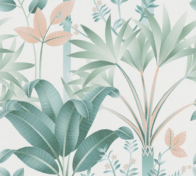 Szene mit einer Kommode, einer Zimmerpflanze und einer Dschungeltapete