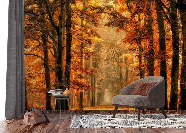 Wohnzimmer mit Fototapete eines Herbstwaldes, Sessel und Beistelltisch