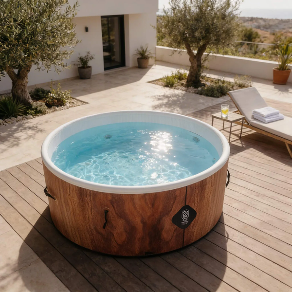 Runder Whirlpool in Holzoptik auf einer hellen Terrasse mit Holzdeck, Sonnenliege und Olivenbäumen.