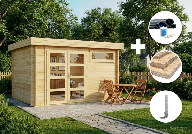 Holzgartenhaus mit Flachdach und verglaster Doppeltür inklusive Dachbahn, Dachplatten und Sturmankern für den Garten.