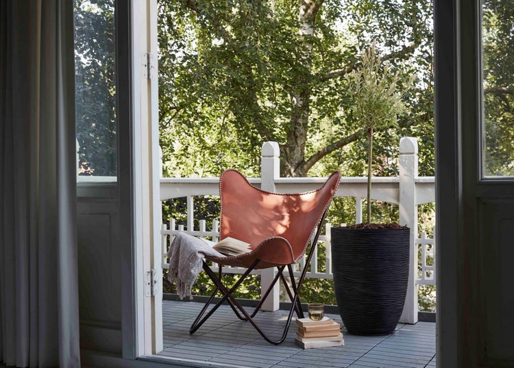 Balkon mit einem Schmetterlingsstuhl aus Leder, einem großen Pflanzgefäß mit Baum und Büchern, gesehen durch eine offene Tür vor Bäumen.