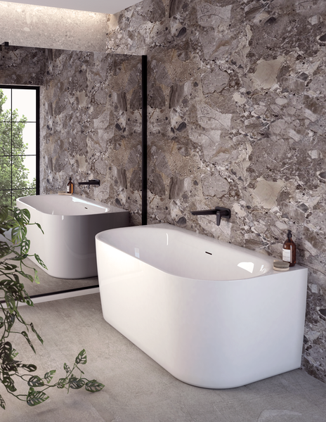Calmwaters Vorwand-Badewanne 160x75 cm Komplettset Seamless Comfort, fugenloses Design, vormontiert mit Schürze & Ablaufgarnitur, Acryl, Made in EU, 02SL6221