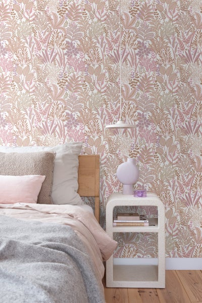 ESTAhome Tapete tropische Blätter und Blüten Rosa und Lila - 50 x 900 cm - 131666