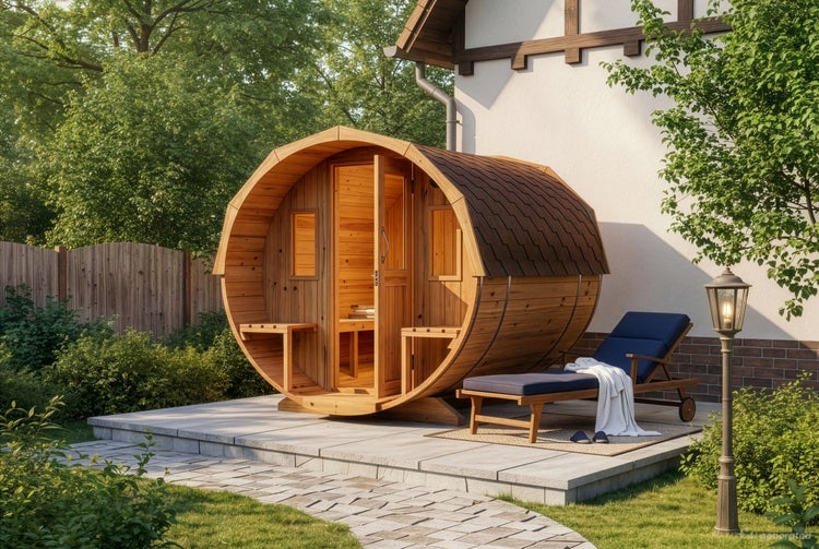 Fasssauna aus Holz auf einer Terrasse vor einem Wohnhaus, ergänzt durch eine Sonnenliege mit Polsterauflage im Garten.