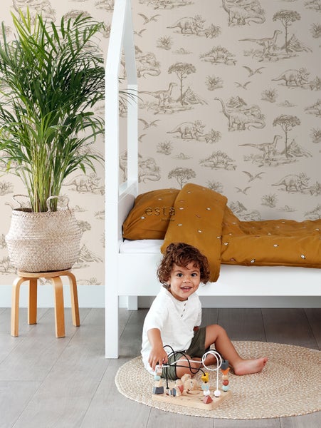 Kinderzimmer mit Bett, Spielzeug und Dinosaurier Tapete