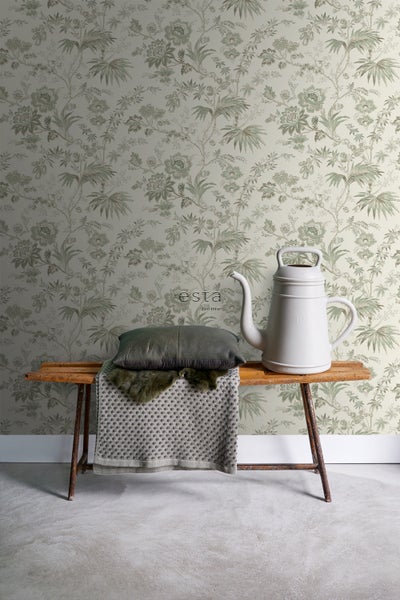 ESTAhome Tapete Blumenmuster Creme-Beige und Graugrün - 53 cm x 10.05 m - 139400