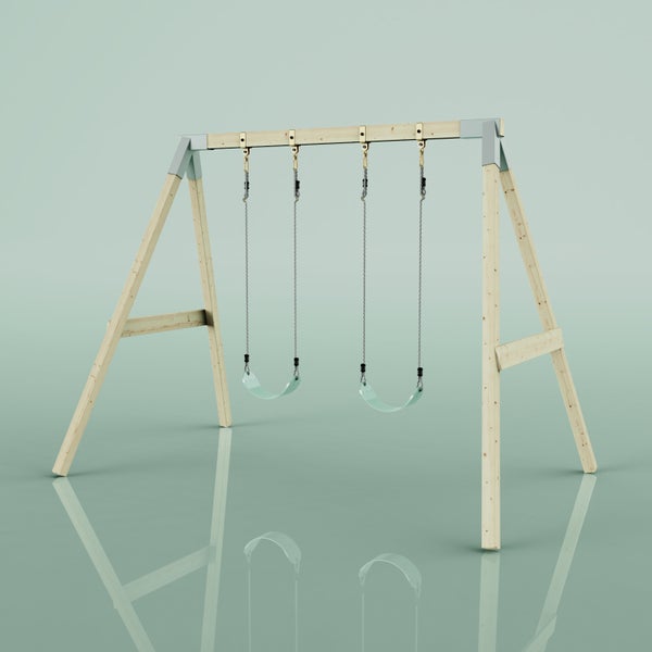 Doppelschaukelsystem aus Holz mit zwei flexiblen Sitzen und stabilen Metallverbindungen.