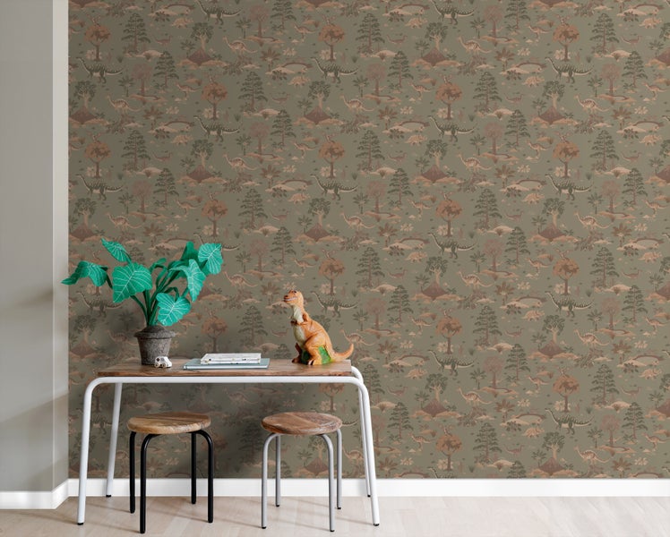 Raumgestaltung mit Dinosaurier-Tapete, Schreibtisch und Hockern