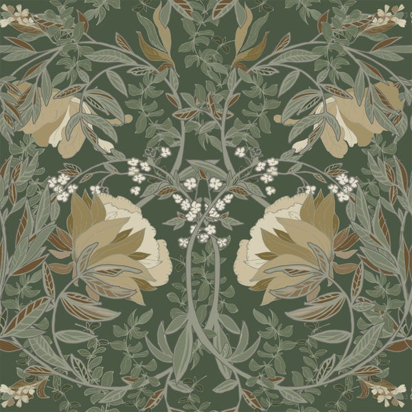 ESTAhome Tapete Blumenmuster im Jugendstil Dunkelgrün - 53 cm x 10.05 m - 139420