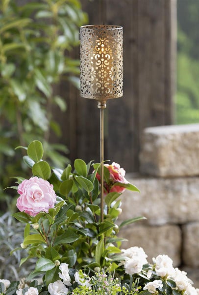 Dekoleidenschaft Gartenstecker Ornament aus Metall in gold / braun mit Windlichtglas, 100 cm hoch, Dekostecker, Kerzenhalter, Gartendeko für Draußen