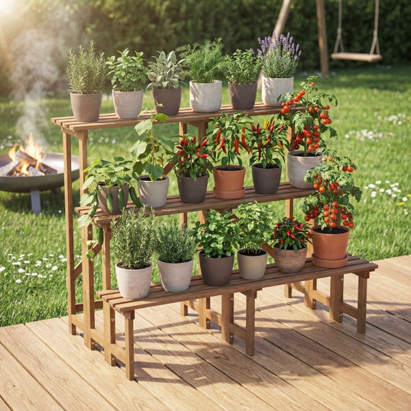 Dreistufige Blumentreppe aus Holz auf einer Terrasse mit verschiedenen Kräutern, Chili- und Tomatenpflanzen in Töpfen im sonnigen Garten.