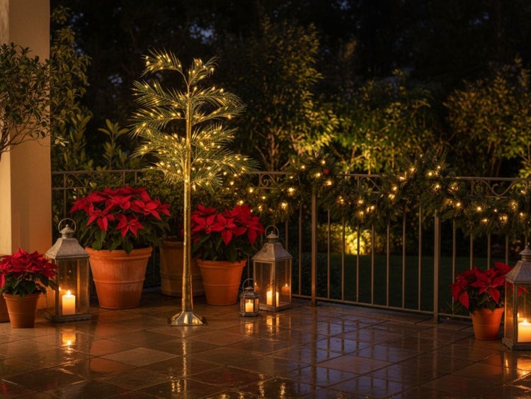 Dekorative Außenszene mit Lichterbaum, Weihnachtssternblumen, Windlichtern und einer Girlande mit Lichtern.