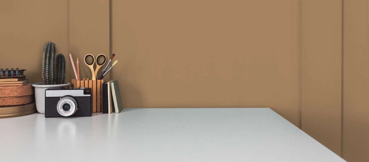 Schreibtisch mit Arbeitsutensilien, Kamera und Kaktus vor einer ockerbraun gestrichenen Wand.