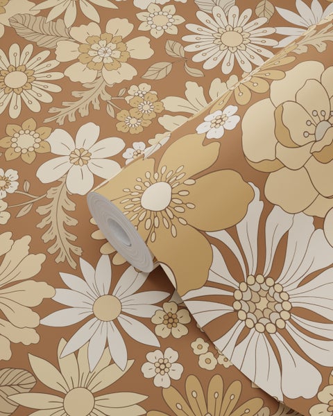 ESTAhome Tapete Retro Blumen Beige und Braun - 50 x 900 cm - 130965